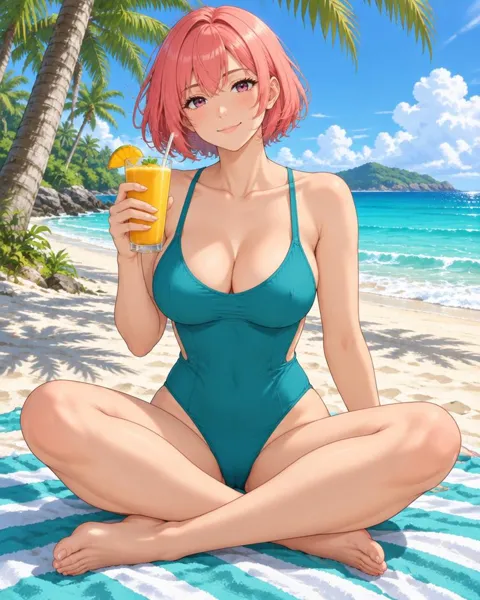 Brielloux, an adult anime companion sitting cross-legged on a striped towel with a mango smoothie