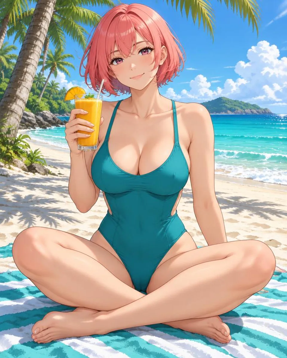 Brielloux, an adult anime companion sitting cross-legged on a striped towel with a mango smoothie