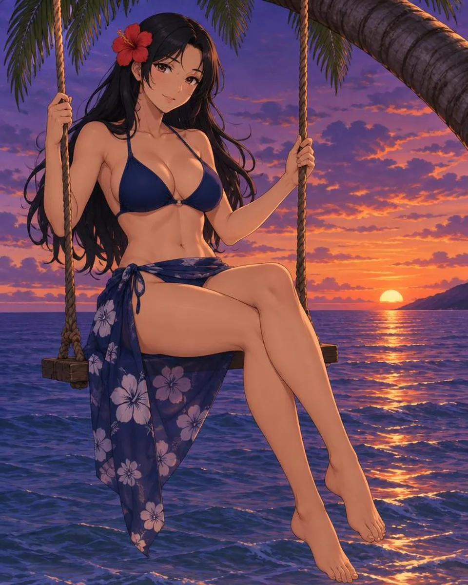 Ilsavane, an adult anime companion sitting on a rope swing hanging from a leaning palm at dusk