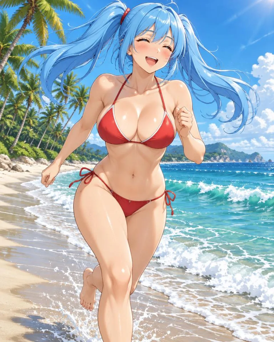 Juncresse, an adult anime companion running along the shoreline laughing