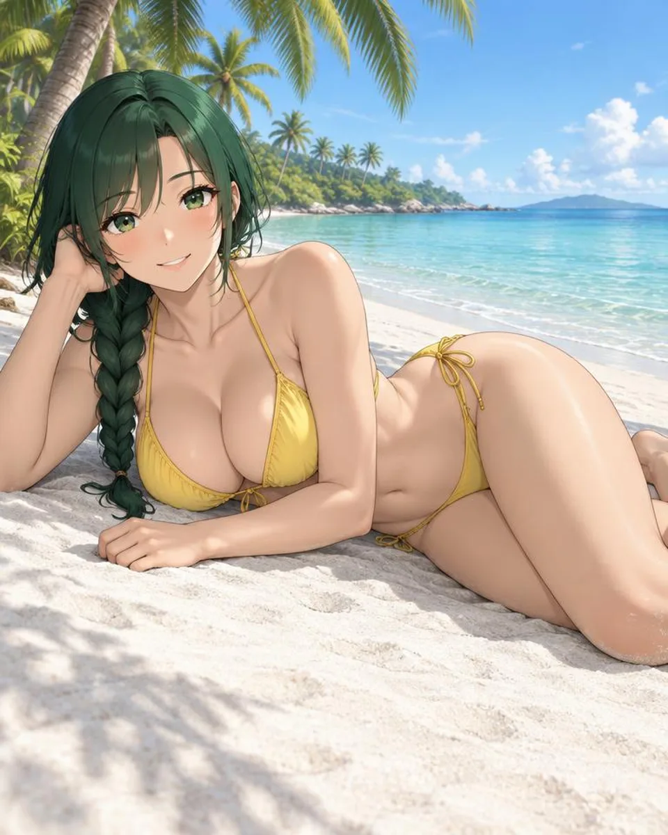 Odrevyn, an adult anime companion lying on white sand propped on one elbow